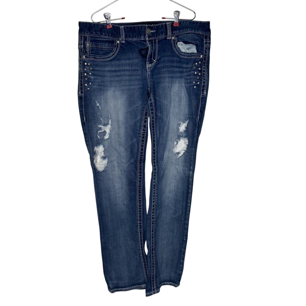Maurices Womens Jeans Premium Distressed Studded Straight Leg Mid Wash 15/16 Reg